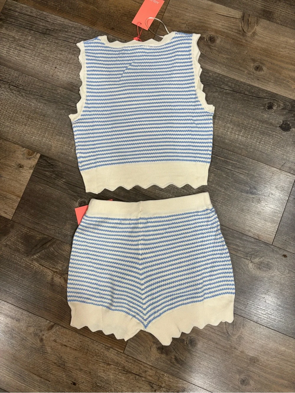 Striped Scallop-Trim Tank & Short Set - Light Blue/White